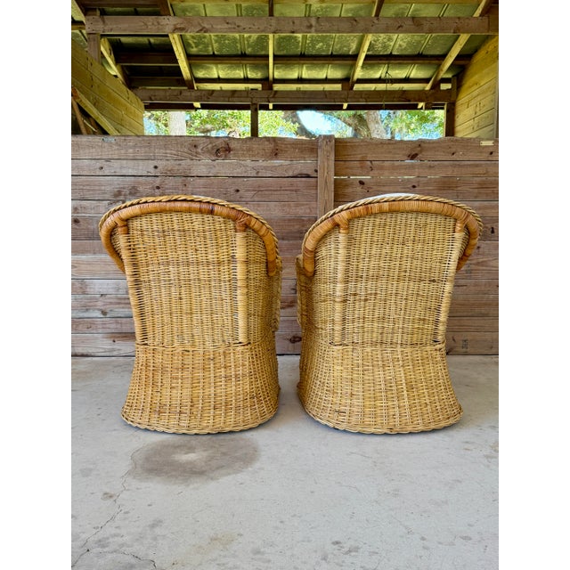 Michael Taylor Pair of Vintage Michael Taylor Style Braided Rattan Wicker Lounge Side Armchairs For Sale - Image 4 of 12