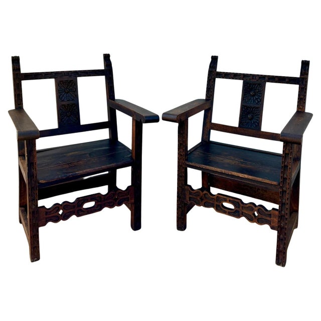 Set of 19th Century Spanish Colonial Carved Altar Armchairs with Wooden Seats For Sale - Image 15 of 18