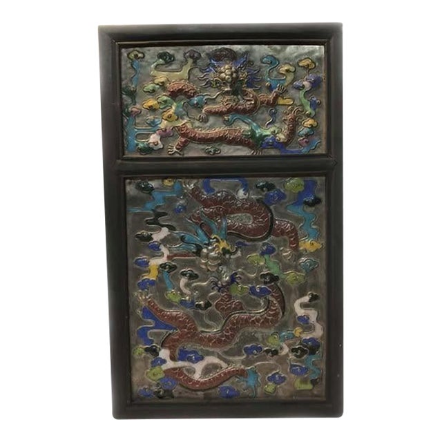 Antique Chinese Repousse Enamel Cloisonne Double Dragon Large Framed Wall Hanging For Sale