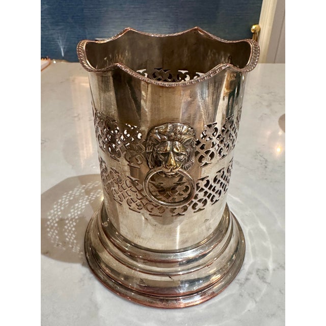 Antique Silver Plate Pierced Wine Bottle Holder With Lion and Ring Handles For Sale - Image 9 of 11