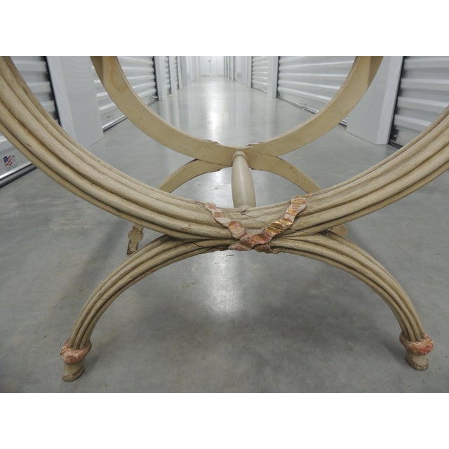 French Vintage Louis XVI Style Bench Painted Wood Frame X Base For Sale - Image 3 of 9