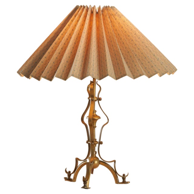 Art Nouveau Table Lamp in Patinated Brass with Plissé Shade, 1930s For Sale