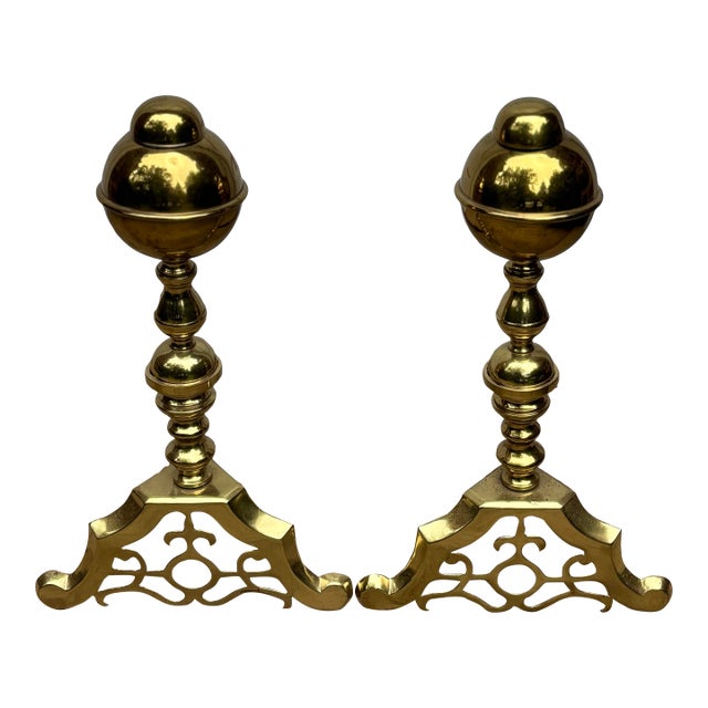 Pair of Mid Century Brass Andirons For Sale
