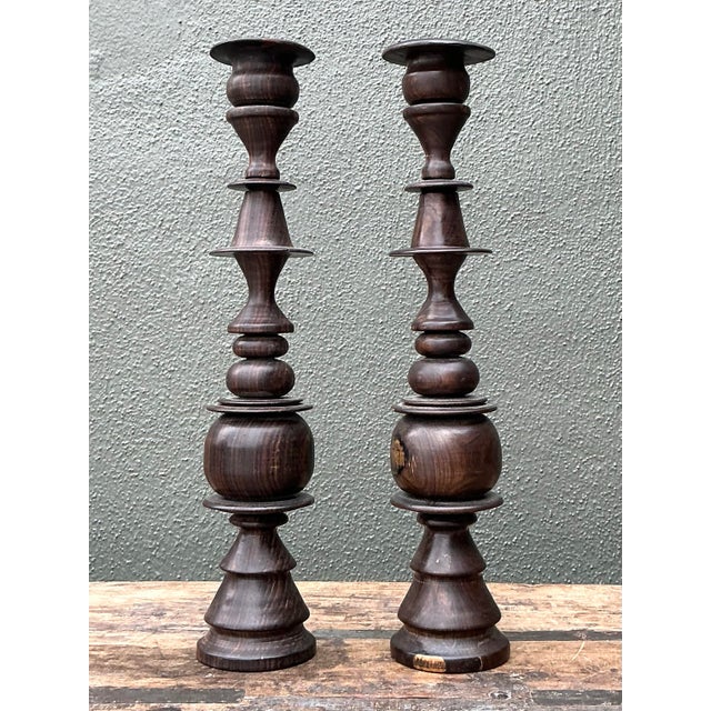 Vintage Turned Wood Candlesticks - A Pair For Sale - Image 11 of 12