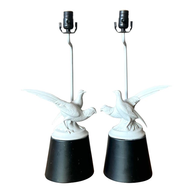 Vintage Regency Bisque Porcelain Bird Lamps - A Pair For Sale