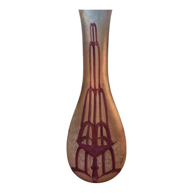 1920s Large Art Deco Enameled Glass Cameo Vase by Legras – Stylized Fountain Design (14.5 Inches) For Sale