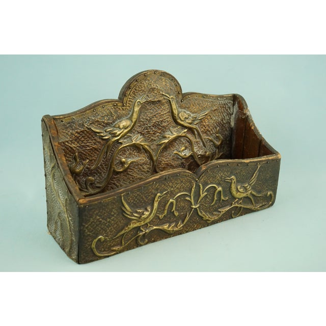 Beautiful antique letterbox in solid walnut, covered with hand-embossed copper foil, decorated with floral motifs, foliage...