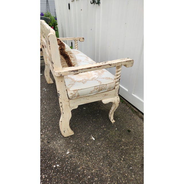 Wood Vintage French Country Distressed Cream Painted Carved Wood Settee With Custom Toile Cushion For Sale - Image 7 of 15