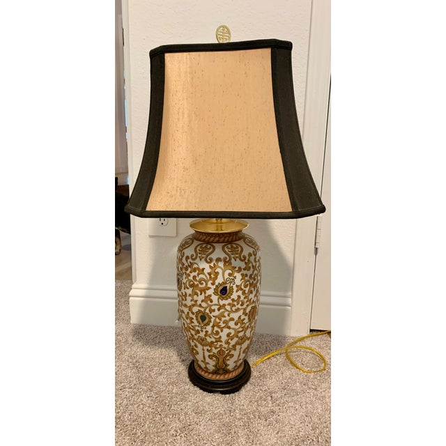 Gold Lotus Leaf Table Lamp With Flared Linen Shade For Sale - Image 4 of 5