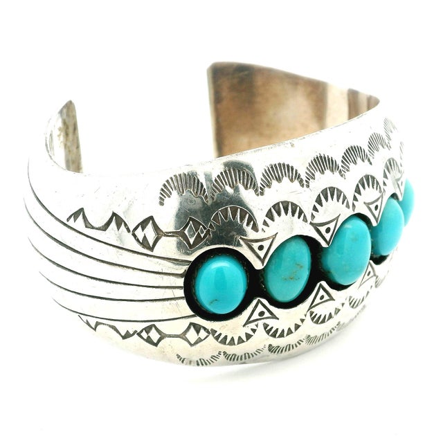 Vintage Navajo Sterling Silver Turquoise Cuff Bracelet Signed P.Benally For Sale In Miami - Image 6 of 9