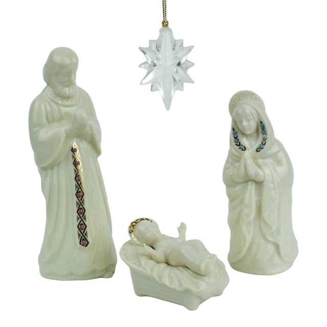 1990's China Holy Family Nativity Set With Acrylic Star Jewels by Lenox Usa - 4 PCS For Sale