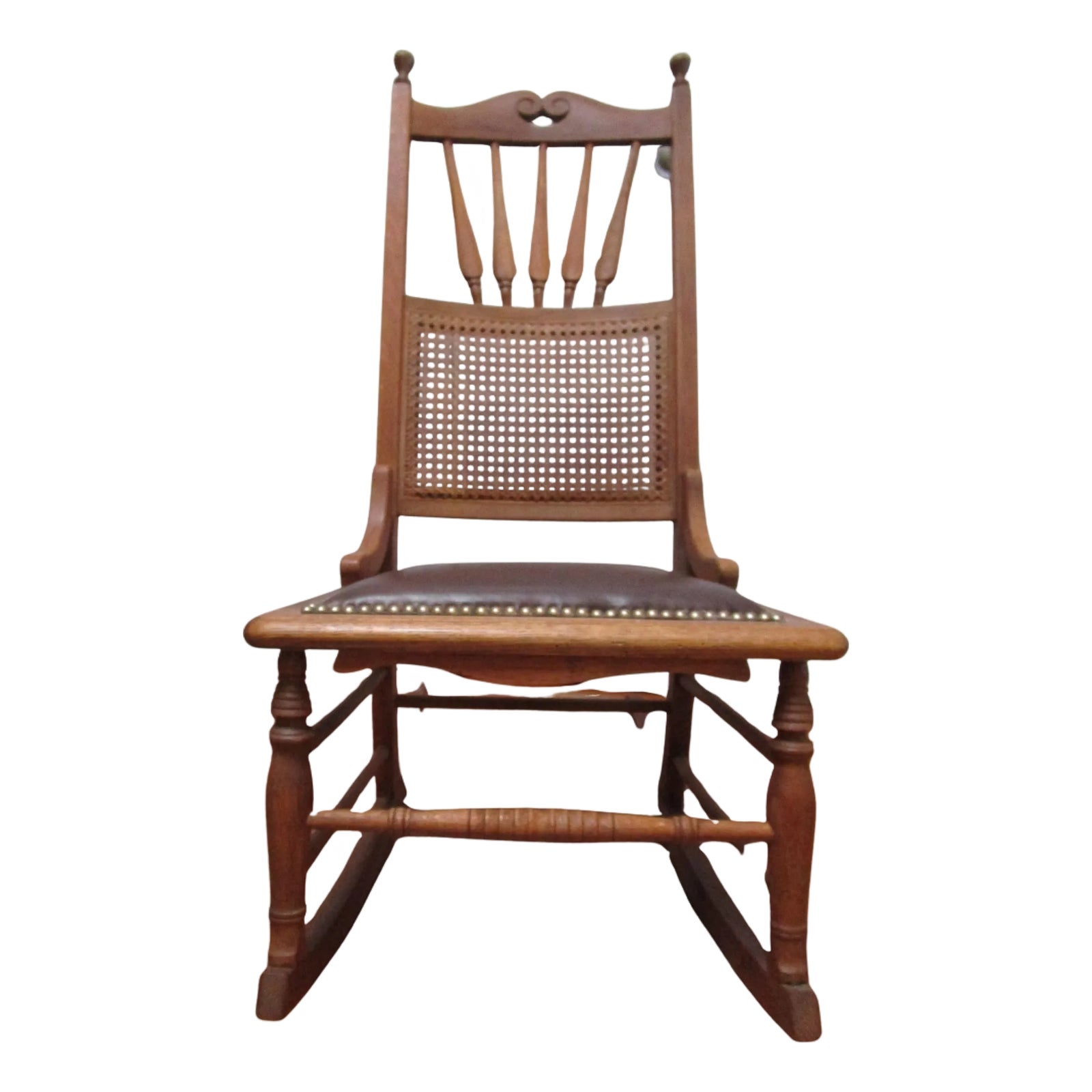 1930s Oak Rocking Chair with Clavos and Leather Seat and Cane Back ...