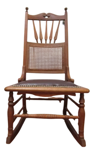 1930s Oak Rocking Chair with Clavos and Leather Seat and Cane Back