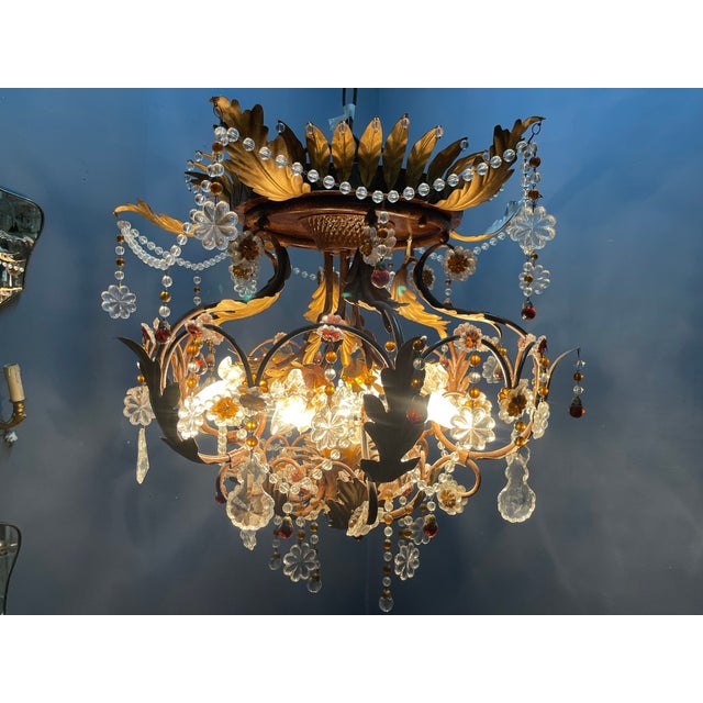 Italian Tole and Murano Glass Chandelier, 1960s For Sale - Image 3 of 15
