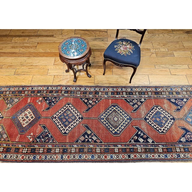 1900 - 1909 Antique Persian Kurdish Bidjar Runner Rug, Hand-Knotted Wool, Geometric Pattern, Terracotta & Navy, 3x13 For Sale - Image 5 of 17