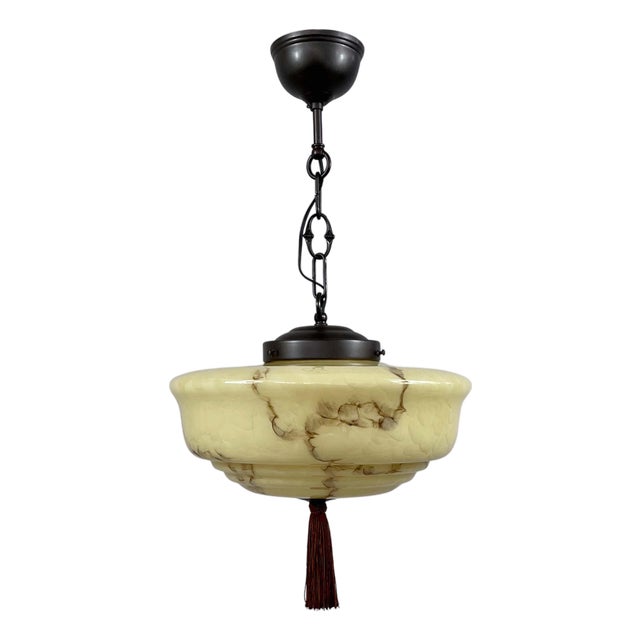 Art Deco Dark Cream Marbled Opaline & Bronzed Pendant with Tassel, Germany, 1930s For Sale
