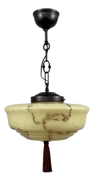 Art Deco Dark Cream Marbled Opaline & Bronzed Pendant with Tassel, Germany, 1930s