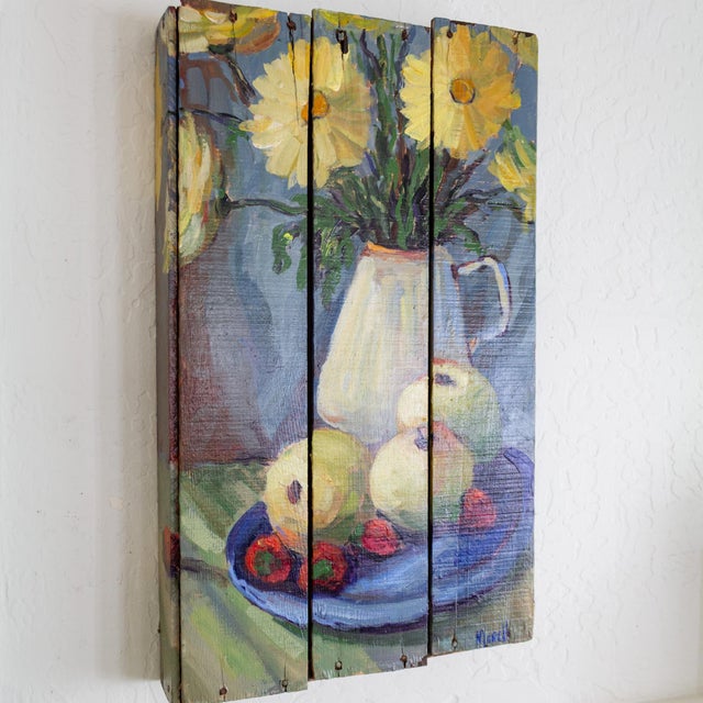 Still Life Impressionist Painting of Fruit and Flowers on Wood Crate For Sale - Image 9 of 11