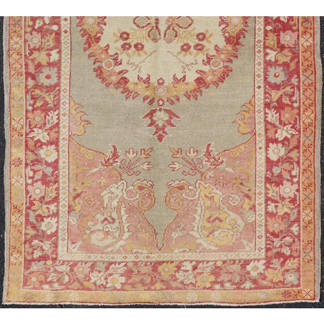 Tribal Turkish Oushak Vintage Rug With Floral Medallion Design in Red and Light Blue For Sale - Image 3 of 13