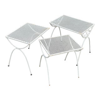 Mid-Century Modern Wrought Iron & Steel Mesh Nesting Tables - Set of 3 For Sale