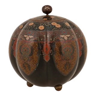 Japanese Cloisonne Enamel Pumpkin Shaped Covered Jar With Phoenix Meiji Period For Sale