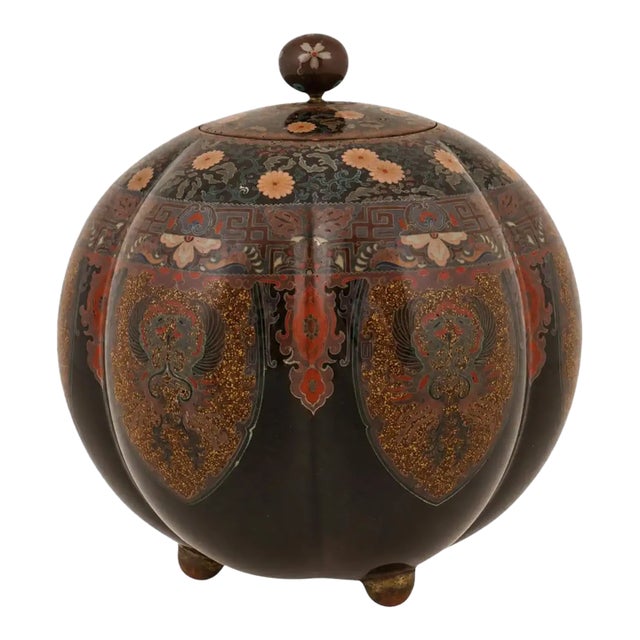 Japanese Cloisonne Enamel Pumpkin Shaped Covered Jar With Phoenix Meiji Period For Sale