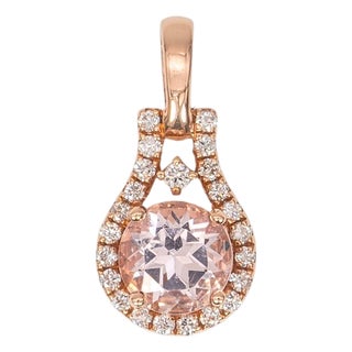 Pink Morganite Pendant With Earth Mined Diamonds in Solid 14k Gold, Round 6mm For Sale