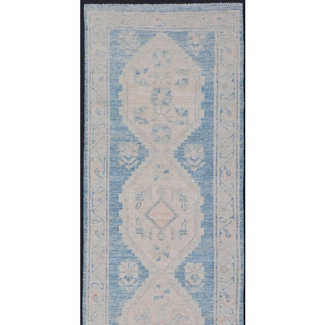 Early 21st Century Oushak Modern Runner With Medallion Design in Shades of Blue and Cream For Sale - Image 5 of 9