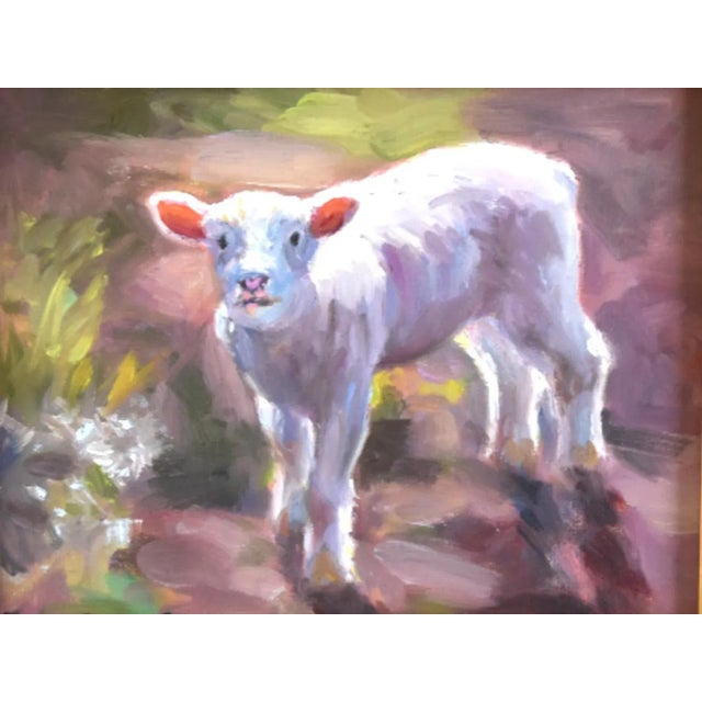 Farmhouse Farm Baby White Lamb Sheep Oil Painting Including the Antiqued Gold Wood Frame For Sale - Image 4 of 7