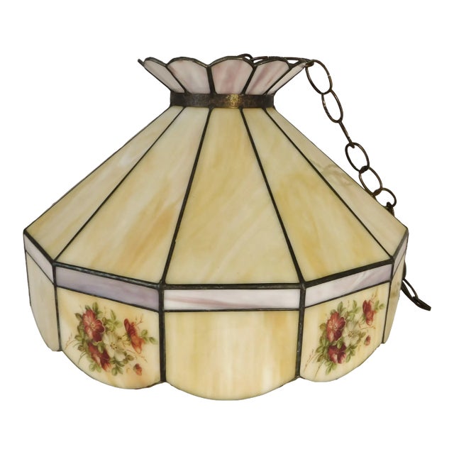 Vintage C1970s Signed Yellow Caramel & Purple Lilac Swirl Slag Glass Floral Pendant Light Chandelier For Sale