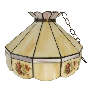 Vintage C1970s Signed Yellow Caramel & Purple Lilac Swirl Slag Glass Floral Pendant Light Chandelier