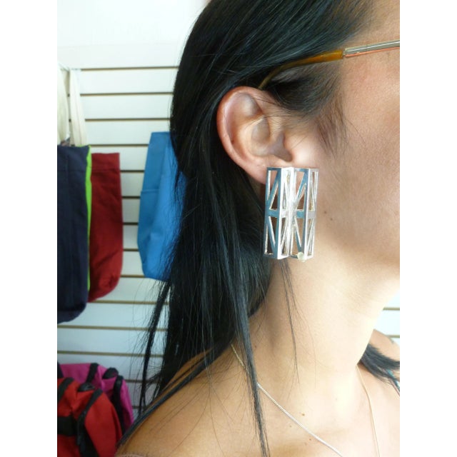 Metal Vintage Claude Montana Silver Plate Geometric Sculptural Runway Clip On Earrings - 2 Pieces For Sale - Image 7 of 10