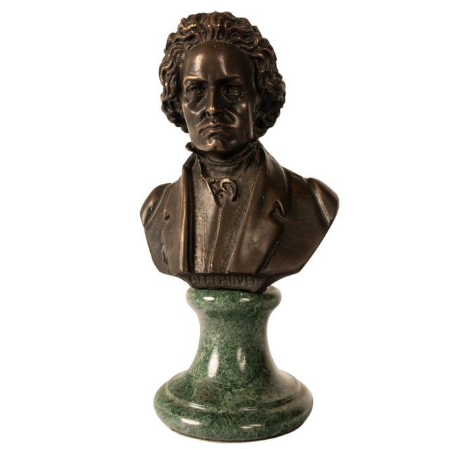 A good antique French cast bronze sculpture bust of Ludwig Van Beethoven, circa 1890. The bronze sculpture bust depicting...