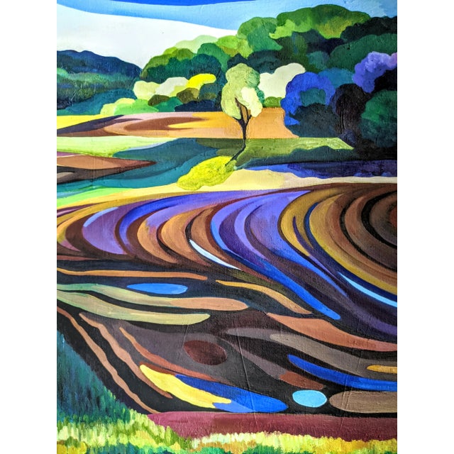 This bold and beautiful landscape, rendered in saturated hues with an abstract expressionist technique, is entitled...