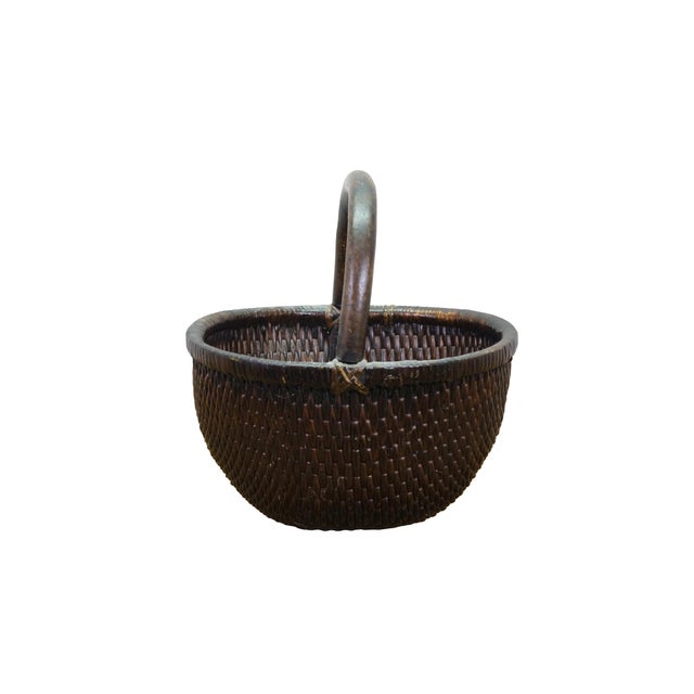 Chinoiserie Antique Chinese Bentwood Woven Willow Rice Harvest Gathering Basket 16" For Sale - Image 3 of 15