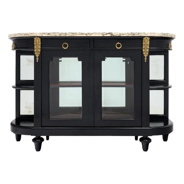 French Louis XVI Style Ebonized Mahogany Buffet Vitrine With Calacatta Marble, Circa 1880 For Sale