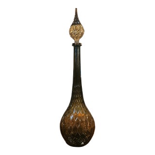 Vintage MCM Empoli Italian Glass Genie Bottle Decantor - Smokey Grey Diamond Optic For Sale
