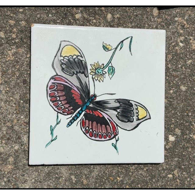 Mid-Century Modern Hand-Painted Butterfly Ceramic Tiles, Spain, Set of 7 For Sale In New York - Image 6 of 7