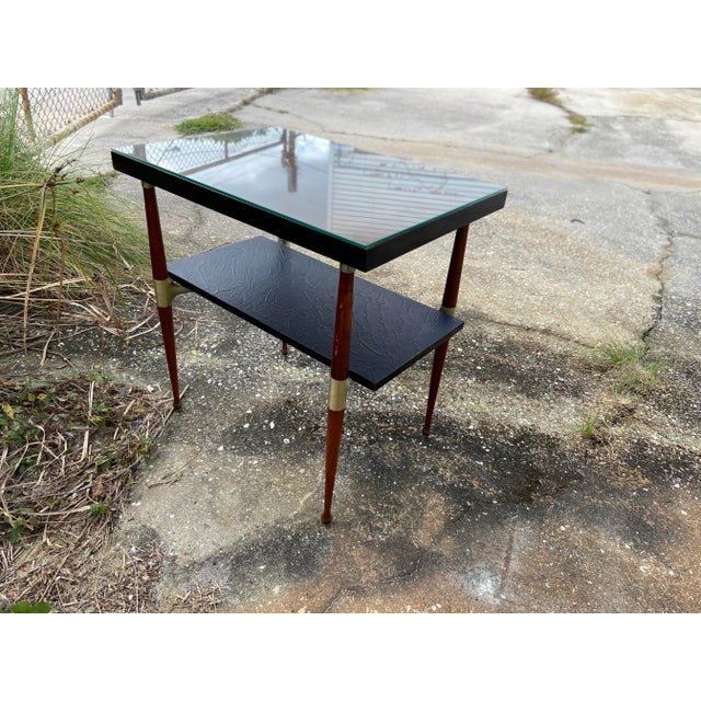Mid Century Modern Slate + Wood Side Table | Glass Top Cover + Brass Hardware For Sale - Image 10 of 12