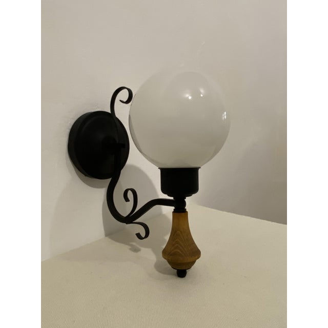 Metal Vintage Opal Glass Globe Wall Lamp with Wood Detail, Europe, 1970s For Sale - Image 7 of 16