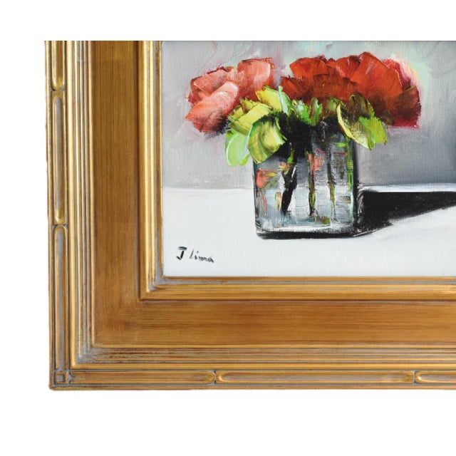 Impressionist abstract bouquet of red roses flowers in a vase oil painting on stretched artist canvas. Signed by the...