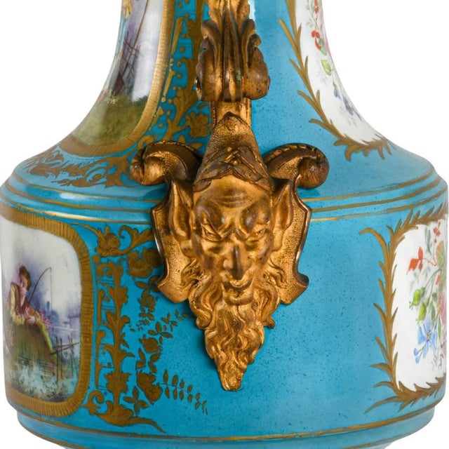 Monumental French Sèvres Style Turquoise Porcelain Urn With Ormolu Mounts For Sale - Image 10 of 12