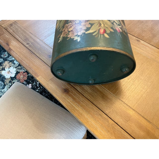 French Country Vintage Hand-Painted Floral Tôleware Oval Wastebasket / Floor Planter For Sale - Image 3 of 7