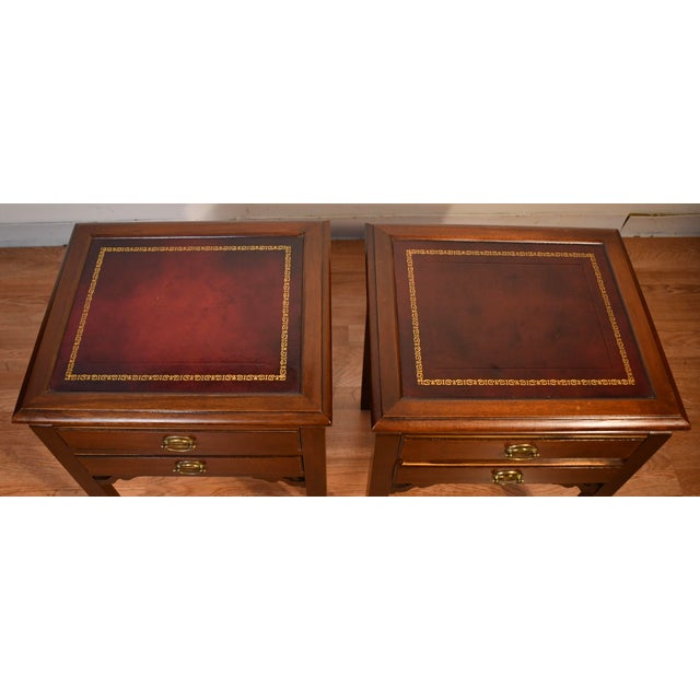 1940 Pair of Regency Style Mahogany Lather Top Night Stands Bedside Tables For Sale - Image 9 of 11