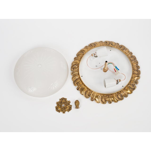 Glass 1960s Spanish Brass & Frosted Glass Flush Mount Fixture For Sale - Image 7 of 8