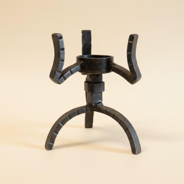Vintage Brutalist Wrought Iron Candlestick Holder-Hand Forged-Tripod-MCM-Gothic For Sale - Image 9 of 9