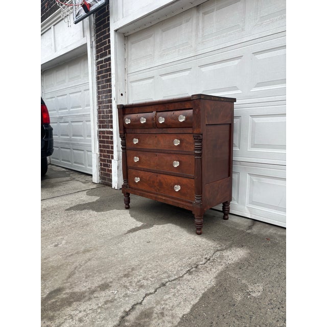 American Antique American Empire Chest of Drawers | 5 Drawer Mahogany Veneer Dresser | 19th Century Early American Bedroom Furniture | Solid Wood For Sale - Image 3 of 12