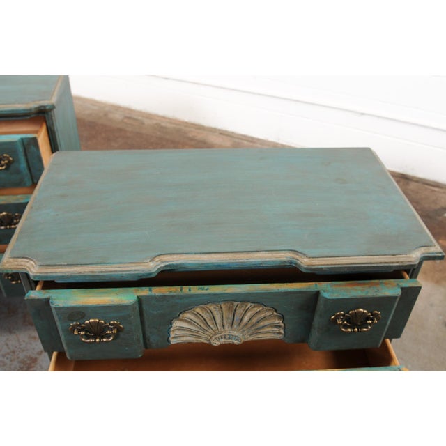 Wood Mid 20th Century Shell Motif Pair of Chests Painted in Rich Peacock For Sale - Image 7 of 13