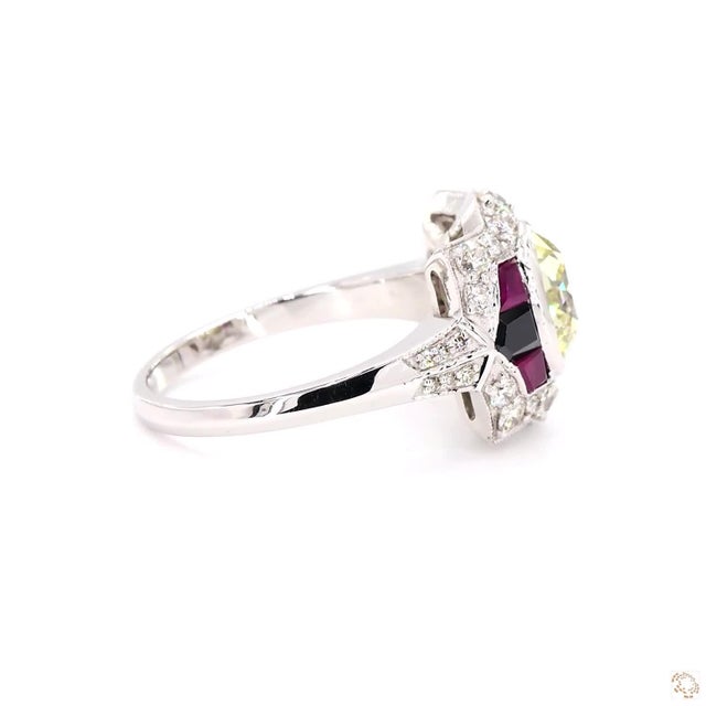 Silver Art Deco 2.47 Carat Old European Cut Diamond Onyx Ruby Gold Ring, Size 6.5 For Sale - Image 8 of 9
