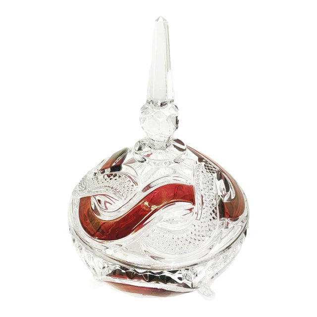 Vintage Clear & Red Overlay Cut Glass Covered Candy Dish For Sale